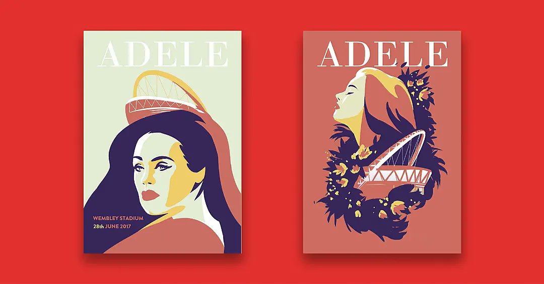 adeleisloved's tweet photo. Para los conciertos de @Adele en el estadio de Wembley en 2017, le encargaron al diseñador gráfico @briskartist que hiciera, en poco tiempo, ilustraciones que representen a Adele y la naturaleza icónica del lugar, pero desgraciadamente a la gerencia no le gustaron los diseños. https://t.co/xntUex6YDm