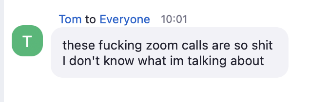 Wolfe321's tweet photo. When the Zoom speaker accidentally sends this message to everyone. I tried to let him know what he did, but then he wrote another one a few minutes later. https://t.co/U4NG64Clu5