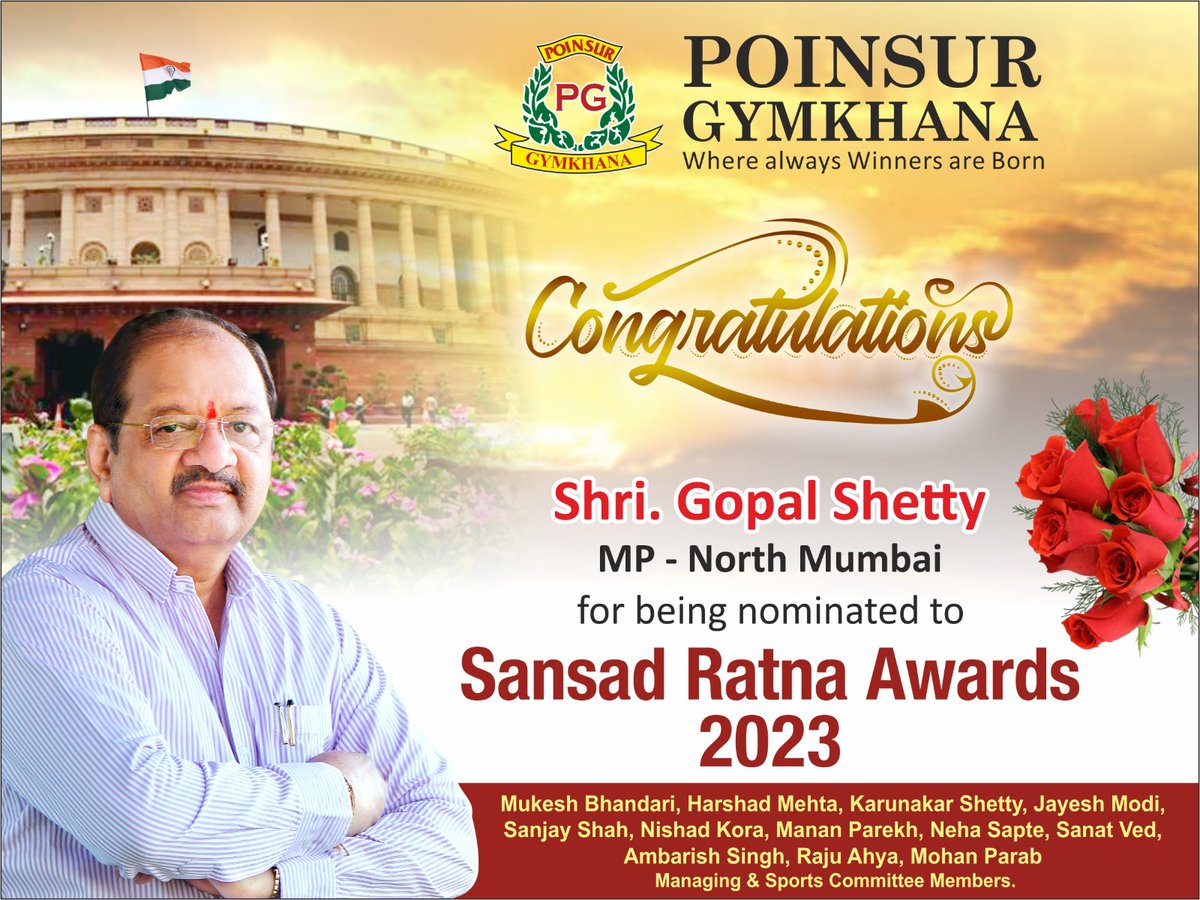 karnashetty's tweet photo. Heartfelt Congratulations to  @iGopalShetty ji a learned &amp; popular MP of BJP, on being nominated for the Sansad Ratna Award 2023. He has consistently raised his voice in Parliament on various issues of North Mumbai. This is also the honour of every citizen of North Mumbai. https://t.co/g8GcvrPrua