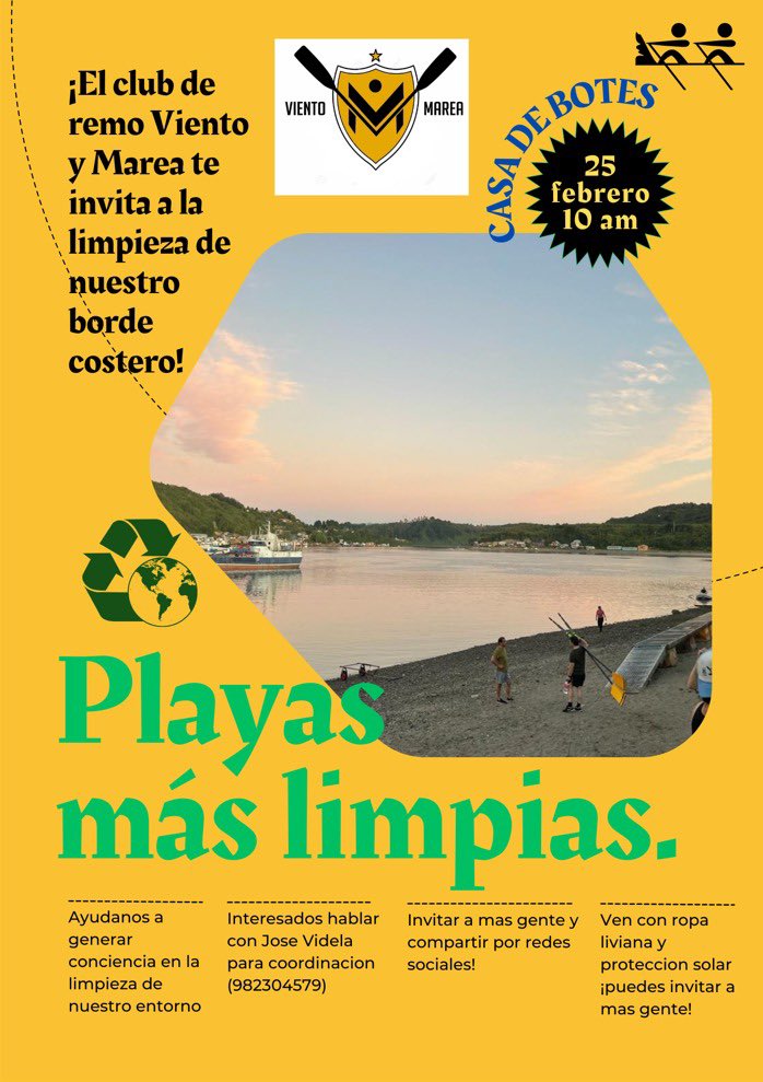 Te invitamos a la jornada de limpieza de playa en nuestro CLUB de REMO VIENTO y MAREA de #PuertoMontt <a href="/GoreLosLagos/">Gore Los Lagos</a> <a href="/core_los_lagos/">Core Los Lagos</a> <a href="/LucianoBelmarZ/">Luciano Belmar Jr.</a> <a href="/munipuertomontt/">Mun. Puerto Montt</a> <a href="/GervoyAlcalde/">Gervoy Paredes</a> <a href="/MindepLosLagos/">Mindep Los Lagos</a>
