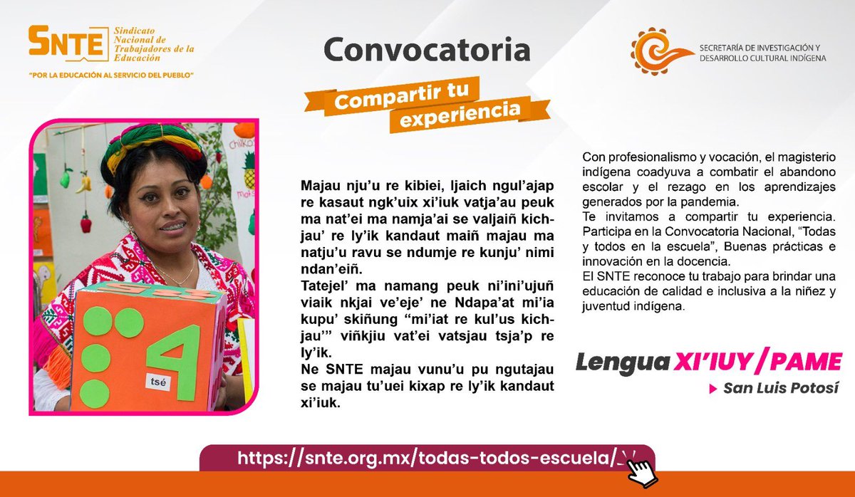 MtraLGarfias's tweet photo. Hoy #21deFebrero 🗣️ Día Internacional de la Lengua Materna, en el #SNTE 📚 nos unimos a la fecha cuyo objetivo es reconocer la importancia de cada etnia de México 🇲🇽 Súmate a la convocatoria 👉Comparte tu experiencia: Innovación en la Docencia

👇👇👇
https://t.co/2s1WKFH4oH https://t.co/qQwcYjnFe9
