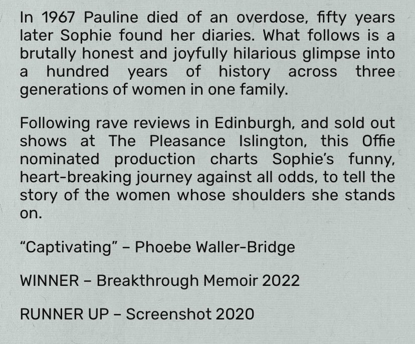 AmyMerrigan's tweet image. PAULINE is @VAULTFestival next week 🎉🎉🎉. Really enjoyed working on this v funny &amp;amp; moving play by @sophiebentinck

Come and see it! Tues 28th feb - Sun 5th March: vaultfestival.com/events/pauline/