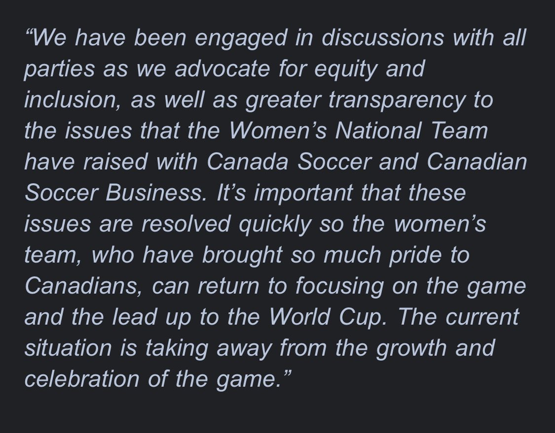 CIBC, a Canada Soccer sponsor for three months, is calling for transparency regarding the issues raised by the women’s national team about CS’s media and sponsor contract with the private company Canada Soccer Business, says CIBC exec VP Stephen Forbes.
Forbes’ statement: