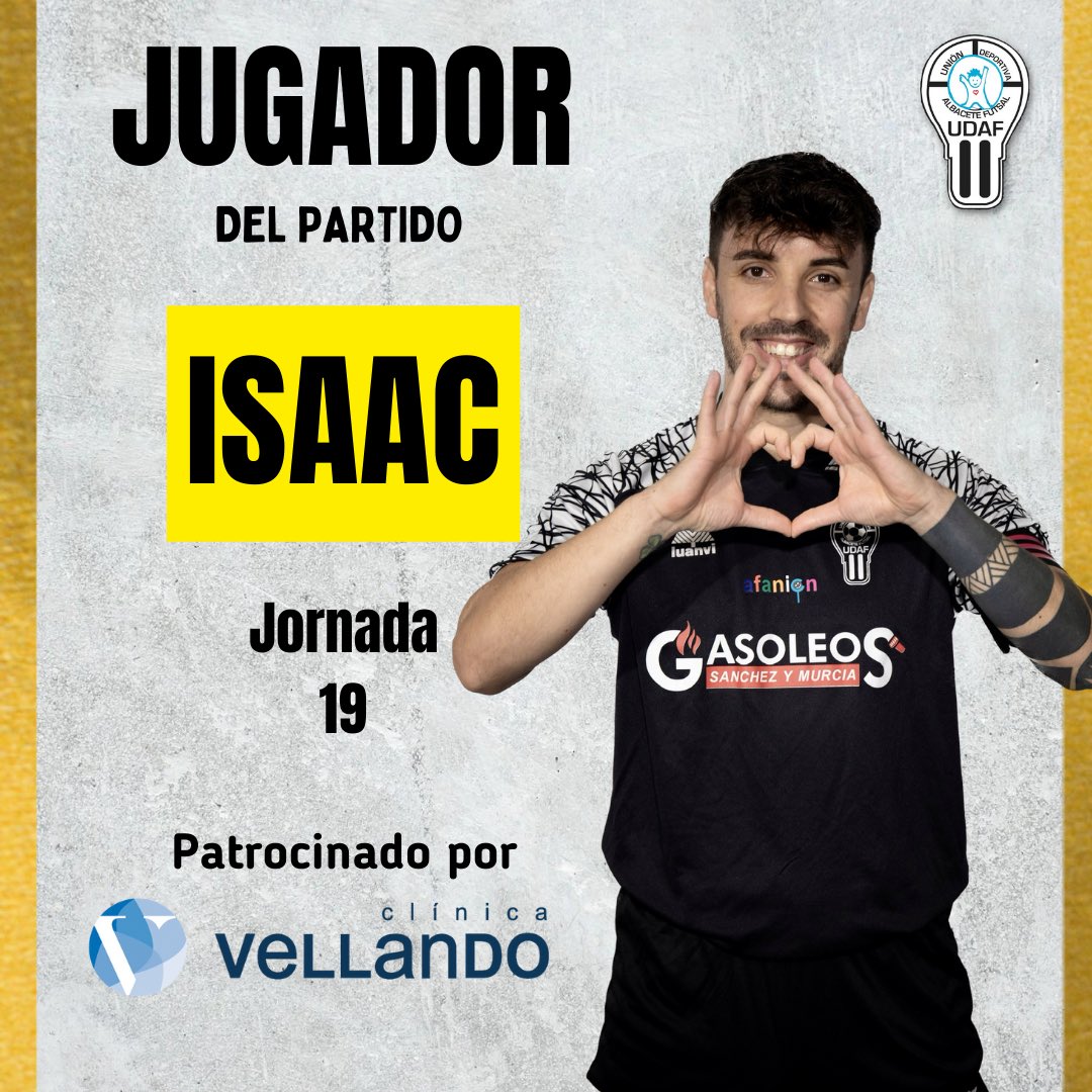 UDAFalbafutsal's tweet photo. 🌟 @IsaacabfsLpez es el jugador del partido de la jornada 19. ¡ENHORABUENA!

@clinicavellando ha patrocinado el jugador del partido de esta jornada. 
#sientelaunión https://t.co/P0BGZcCz7R