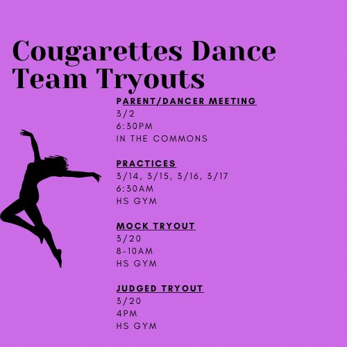 C1stogaDance's tweet photo. Do you want to try out for the Cougarettes Dance Team? Sign up with the link below and attend all of the following dates! https://t.co/SihzvnhK7t https://t.co/GfLoNsgs8b