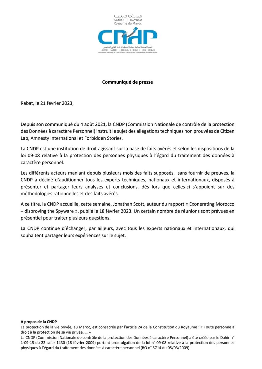 2MInteractive's tweet photo. La @CNDP_Maroc a décidé d’auditionner tous les experts techniques, nationaux et internationaux, disposés à partager leurs analyses et conclusions au sujet des allégations techniques non prouvées de Citizen Lab, Amnesty International et Forbidden Stories.
🔗https://t.co/Ney3ClOUx5 https://t.co/PixWcOje1e