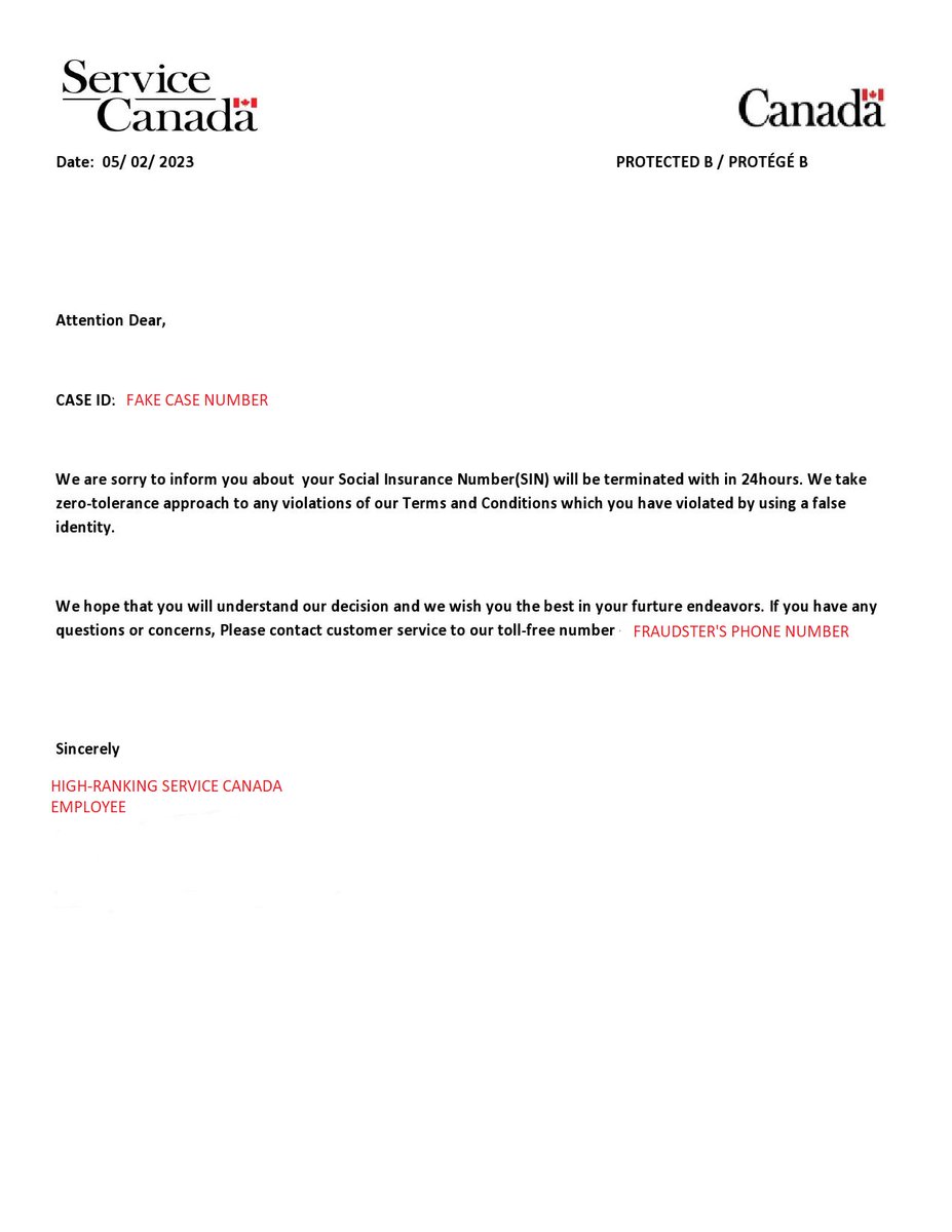 antifraudecan's tweet photo. 1/2 🚨ALERTE!🚨 Un nouveau type d’extorsion a été signalé : la victime reçoit un courriel avec une lettre jointe (image ci-dessous), et quand elle appelle au numéro donné, on lui demande son NAS et, sous menace d’arrestation, on exige qu’elle envoie des fonds. C’est une arnaque! https://t.co/nrfArZckPk