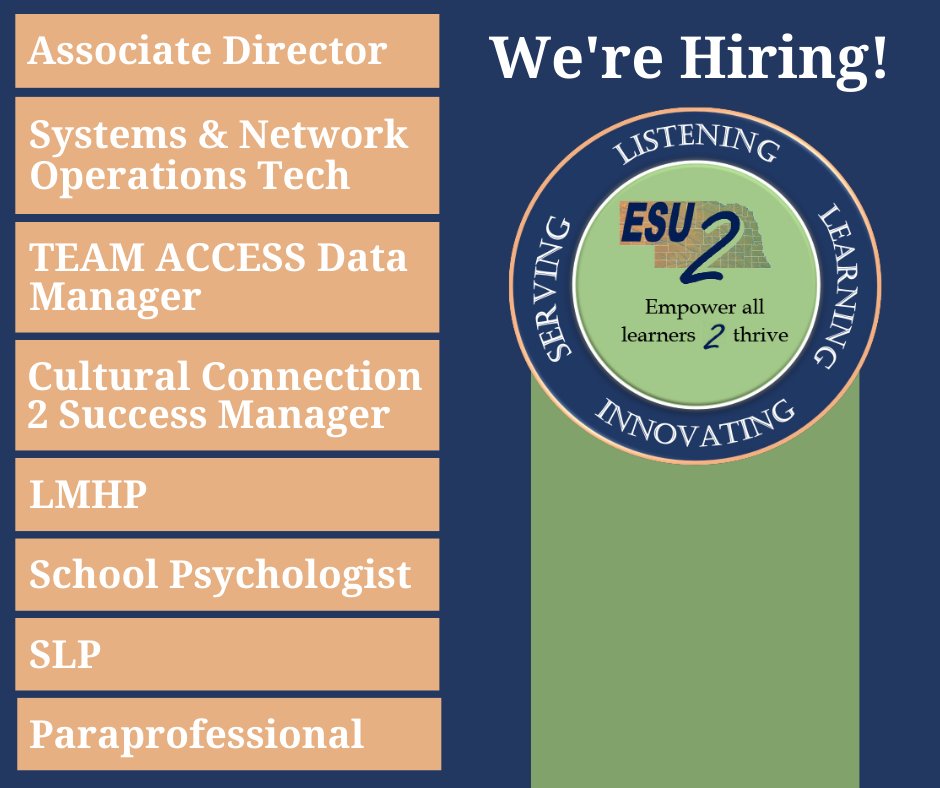 Interested in working for ESU2? Visit our employment page for more information on how to apply for these positions! esu2.org/employment/