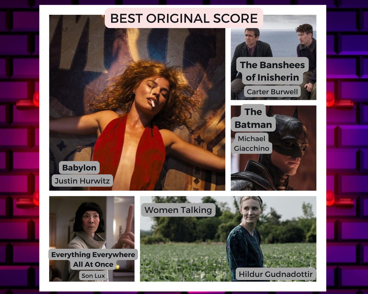 What's a movie without music?  Here are the nominees for BEST SCORE:

@JustinHurwitz - BABYLON
@carterburwell - THE BANSHEES OF INISHERIN
Michael Giacchino - THE BATMAN
@sonlux - EVERYTHING EVERYWHERE ALL AT ONCE
@hildurness - WOMEN TALKING

#IFSCANoms22