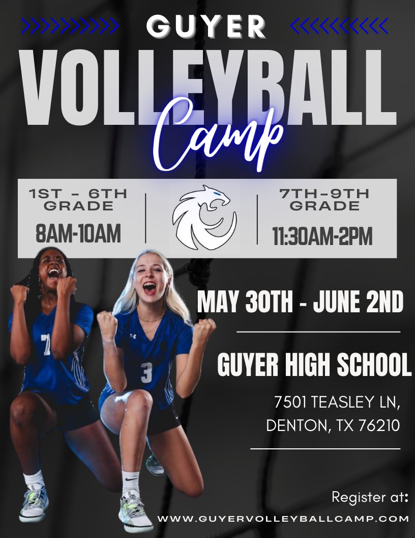 GuyerVolleyball's tweet photo. Looking forward to the best week of the summer with you!! 🏐 Guyer Volleyball Summer Camp will be here before you know it! https://t.co/l38P080vzo