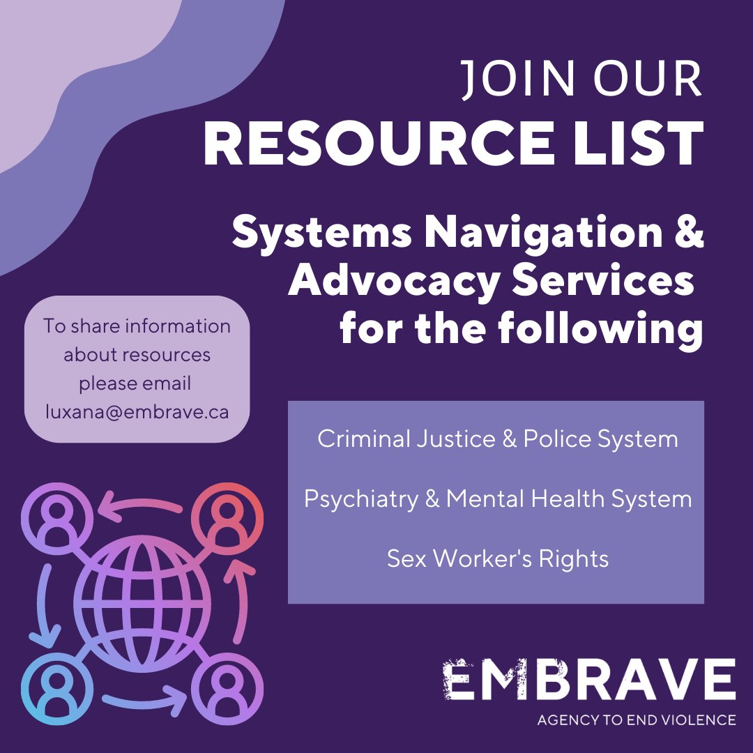 As part of Embrave's BraveSpaces Public Education Program about systemic violence faced by survivors, Embrave is gathering a community partners and resources list. 

#GBV #EndViolence #CriminalJustice #Police #Psychiatry #MentalHelath #SexWork #SystemicViolence #PubEd