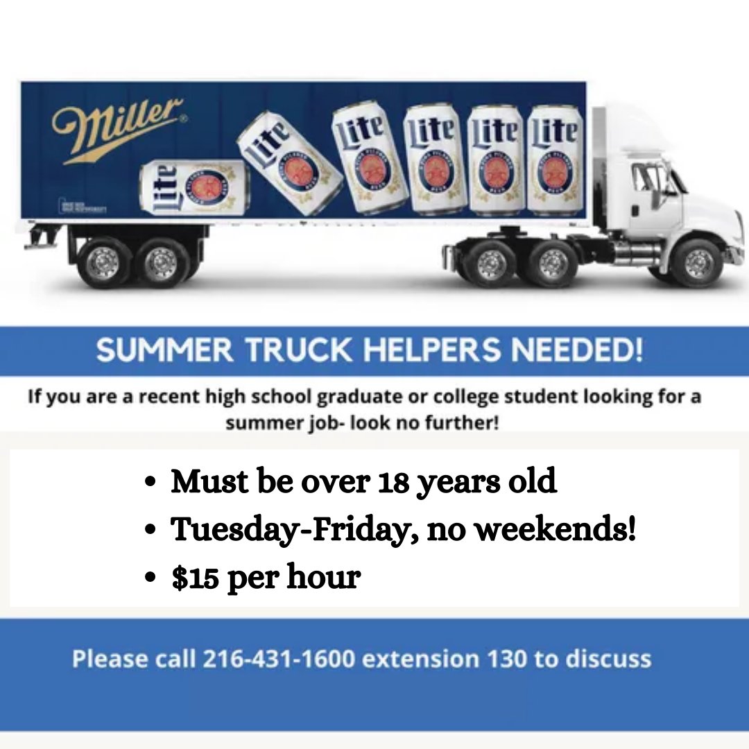 BevDistCLE's tweet photo. The busy beer season is upon us and we are in need of some summer help! If you are a recent high school graduate or college student looking for summer work, give us a call! #bevdiscle #cleveland #jobs #summerhelp https://t.co/j0UpTSHyMA