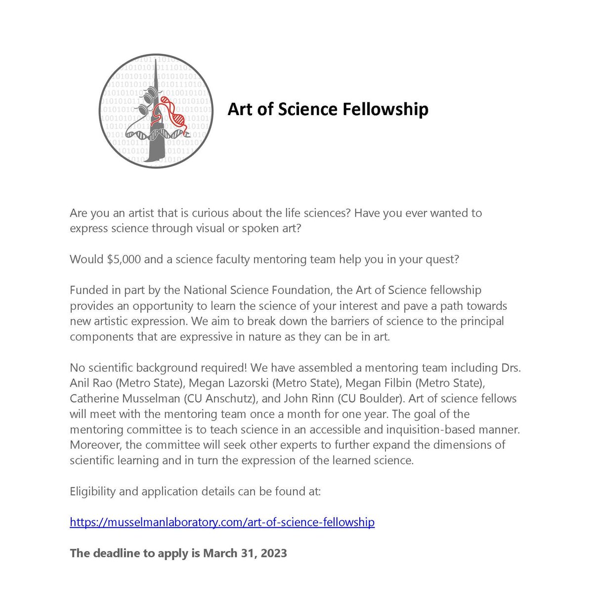 We are super excited to be recruiting the second round of Art of Science Fellows!! See details below. 👇 Deadline is March 31  #sciart #sciencecommunication @Noncodarnia @Meg_Filbin @Mika_SciArt @SMorbidus @NSF