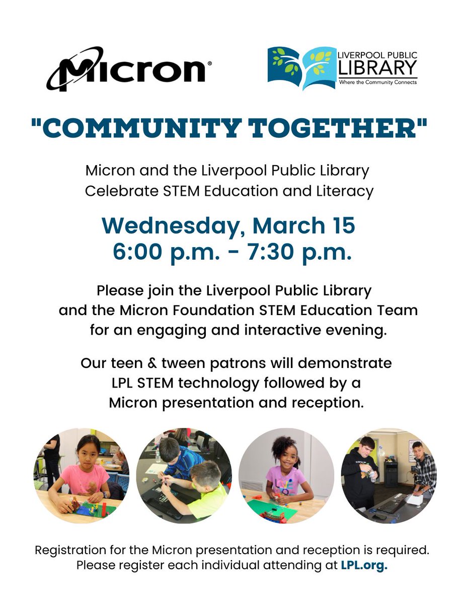 Join LPL &amp; the Micron Foundation STEM Education Team for an interactive evening. Teen &amp; tweens will demonstrate LPL STEM technology; Micron presentation &amp; reception to follow.
Registration required at LPL.org.
📅 Wed., March 15
⏱ 6- 7:30 p.m.
🪑 LPL and Carman