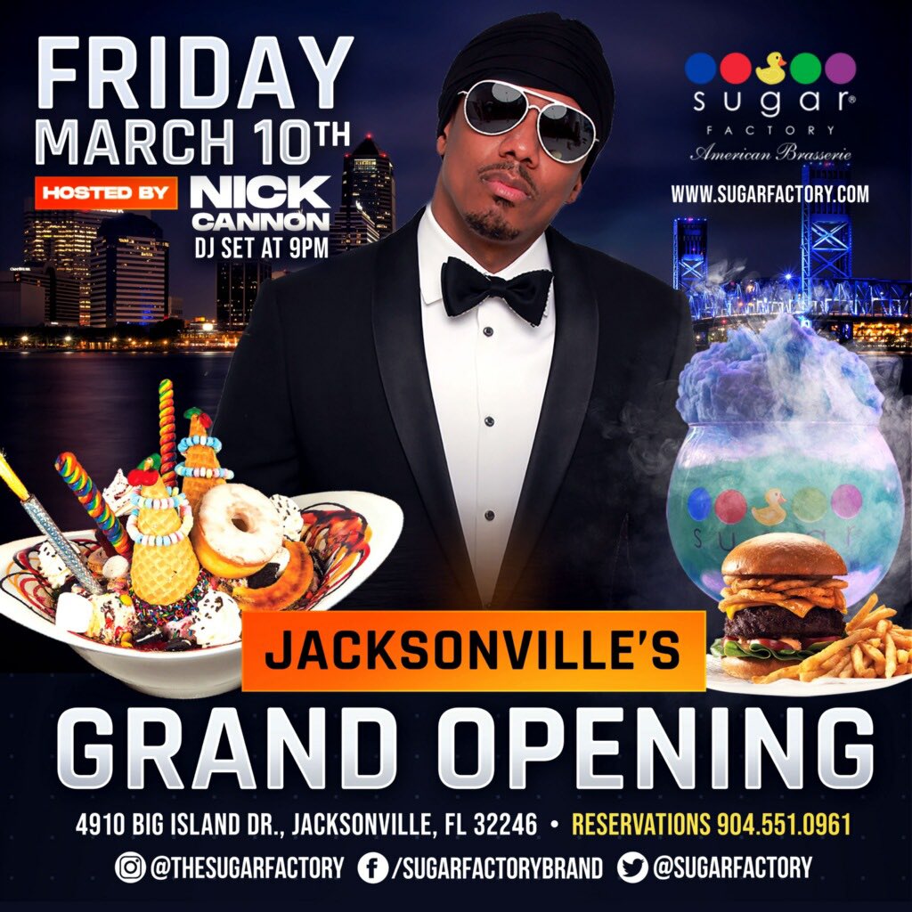 JACKSONVILLE🙌 @NickCannon is coming your way for the new #SugarFactory🎉✨Join us Friday, March 10th for an unforgettable party!