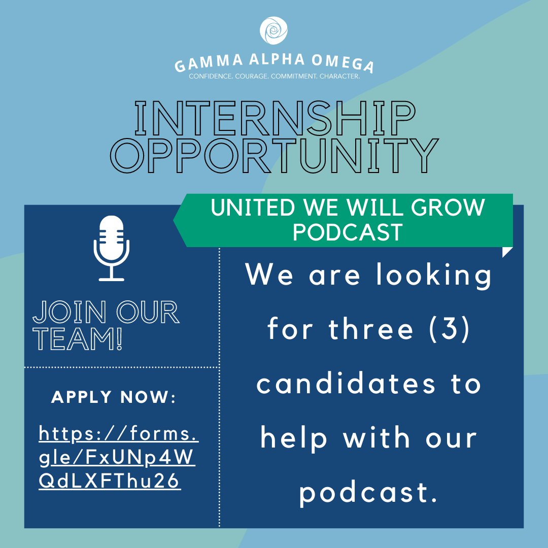 GammaAlphaOmega's tweet photo. We are looking for three (3) candidates to help with our podcast, "United We Will Grow". Individuals interested in this internship can submit their application to: https://t.co/mMyMOknzdA 

For more details regarding the podcast, please refer to the memo sent via email. https://t.co/OV4oltop4V
