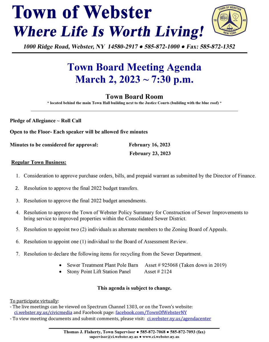 ster, NY on Twitter "ster Town Board Meeting Agenda for March 2, 2023"