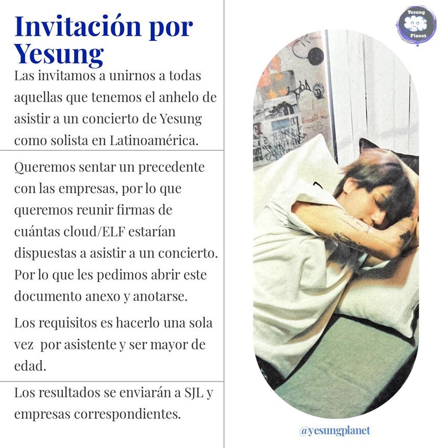 Les hacemos esta invitación a todas las ELF /Cloud.
Si pueden compartir en otras redes sociales se los agradecemos. Entre más personas nos unamos mejor.

🙏🏽 leer atentamente la invitación 🙏🏽 

Proyecto Yesung en Latam docs.google.com/forms/d/e/1FAI…

#Yesung <a href="/shfly3424/">Yesung</a>