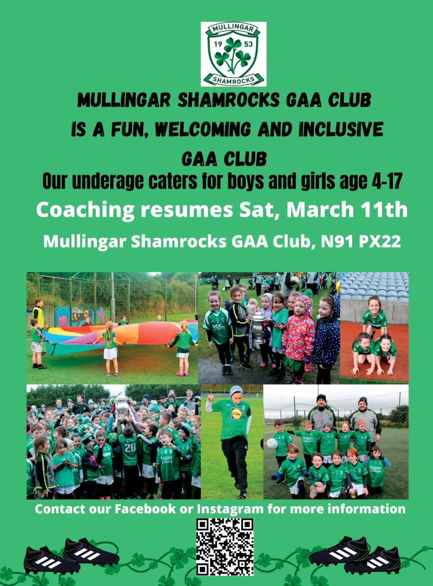 mullingarshams's tweet image. The news we have all been waiting for; underage coaching resumes at @mullingarshams GAA Club on Saturday 11 March. For the 4-6 year olds (boys and girls) Na SeamrÓigí, one of the great initiatives of @mullingarshams, are back on the Astro Turf at 10.30 on 11 March.