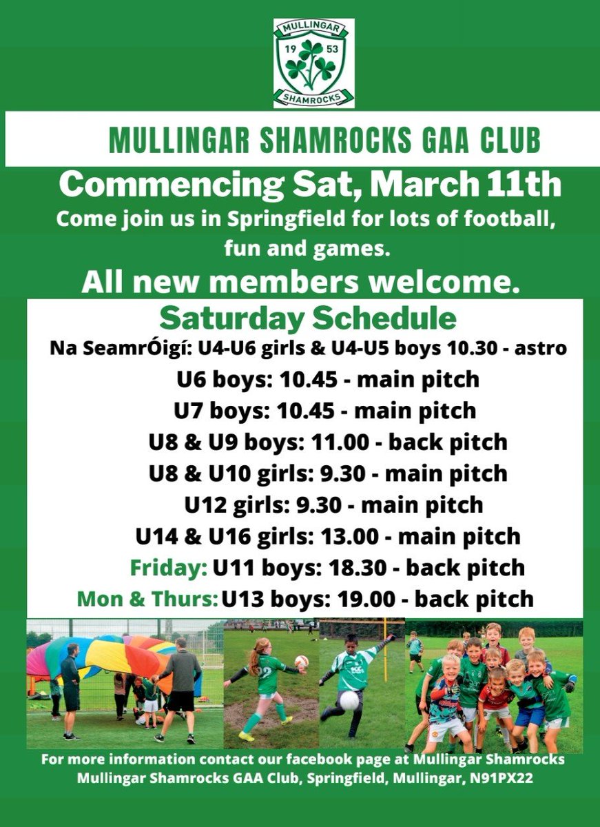 mullingarshams's tweet image. The news we have all been waiting for; underage coaching resumes at @mullingarshams GAA Club on Saturday 11 March. For the 4-6 year olds (boys and girls) Na SeamrÓigí, one of the great initiatives of @mullingarshams, are back on the Astro Turf at 10.30 on 11 March.