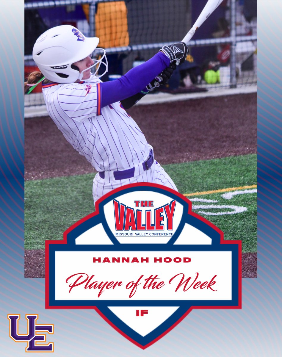 MVCsports's tweet photo. Player of the Week ⫸Hannah Hood, @UEAthletics_SB

▪️Batted .571 with 6 runs, 5 walks, 5 RBI, 4 stolen bases &amp; 2 home runs, leading the Purple Aces to a 4-0 mark
▪️On Saturday, she was 2-for-2 with 3 RBI, 3 runs, a home run, walk &amp; steal

Great Southern Bank | #TheValleyRunsDeep https://t.co/vkuGaHivAV