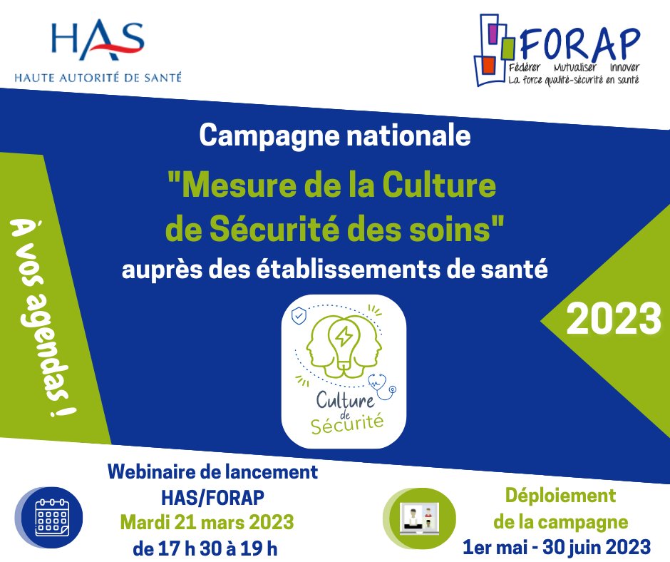 <a href="/FORAP_SRA_QSSP/">FORAP</a> &amp; <a href="/HAS_sante/">Haute Autorité de santé</a> organisent une campagne nationale de mesure de la culture de sécurité au sein de votre étab. de santé !
💡En savoir plus sur la culture de sécurité de soins, sa mesure et ses impacts ?
👉 Participez au webinaire en direct : youtube.com/@forap_SRA
