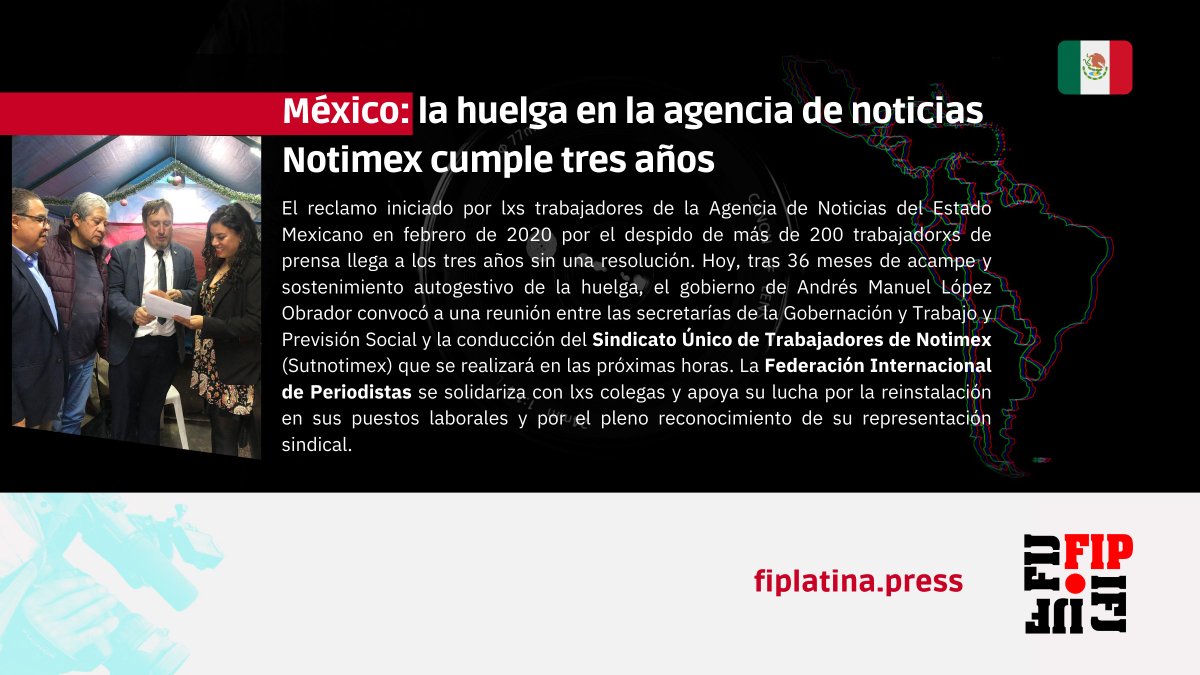 #México🇲🇽: la huelga en la agencia de noticias Notimex cumple tres años

La FIP se solidariza con lxs trabajadorxs y apoya la lucha del @sutnotimex por la reinstalación en sus puestos laborales y el pleno reconocimiento de su representación sindical.