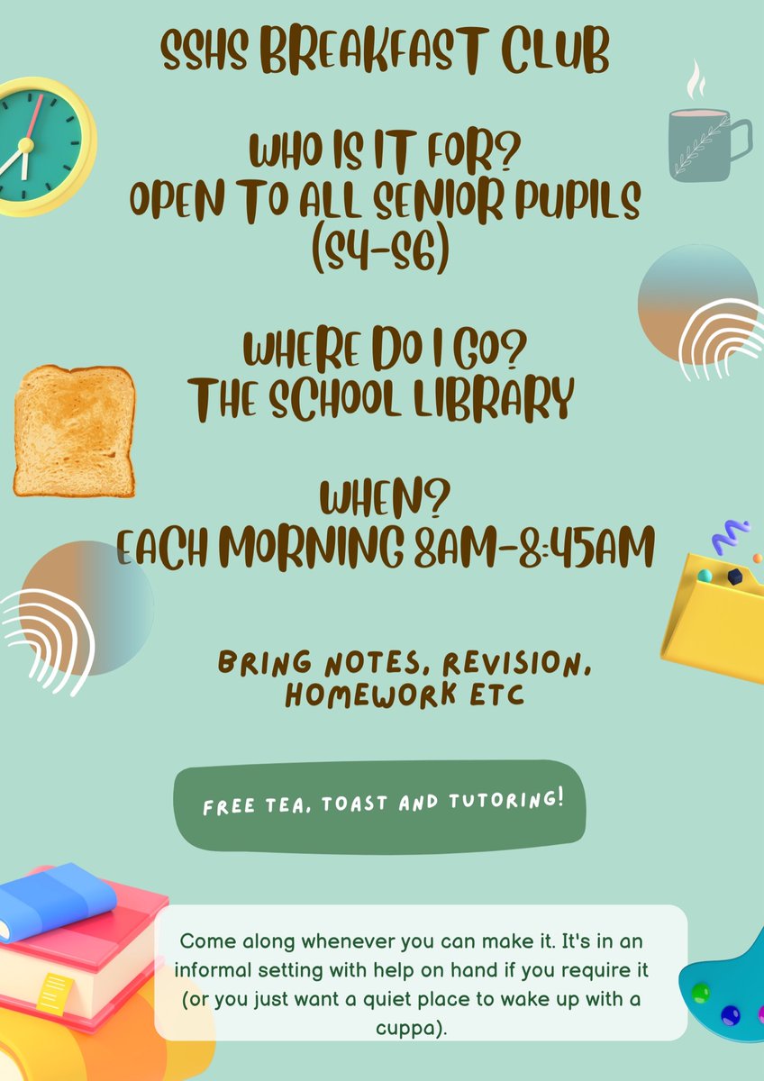 SSHS English Department (@sshseng) on Twitter photo Pre-covid we used to run a breakfast study club in the library. We are delighted to do so again. This is open to any S4-S6 pupil. Bring your notes, get some help and free tea and toast. For all your subjects, not just English. See you there! <a href="/SSHSICT/">St Stephen's High School ICT</a> <a href="/sshsparents/">St Stephens Parent Council</a> <a href="/DavidKillin/">Mr Killin</a> Pre-covid we used to run a breakfast study club in the library. We are delighted to do so again. This is open to any S4-S6 pupil. Bring your notes, get some help and free tea and toast. For all your subjects, not just English. See you there! <a href="/SSHSICT/">St Stephen's High School ICT</a> <a href="/sshsparents/">St Stephens Parent Council</a> <a href="/DavidKillin/">Mr Killin</a>