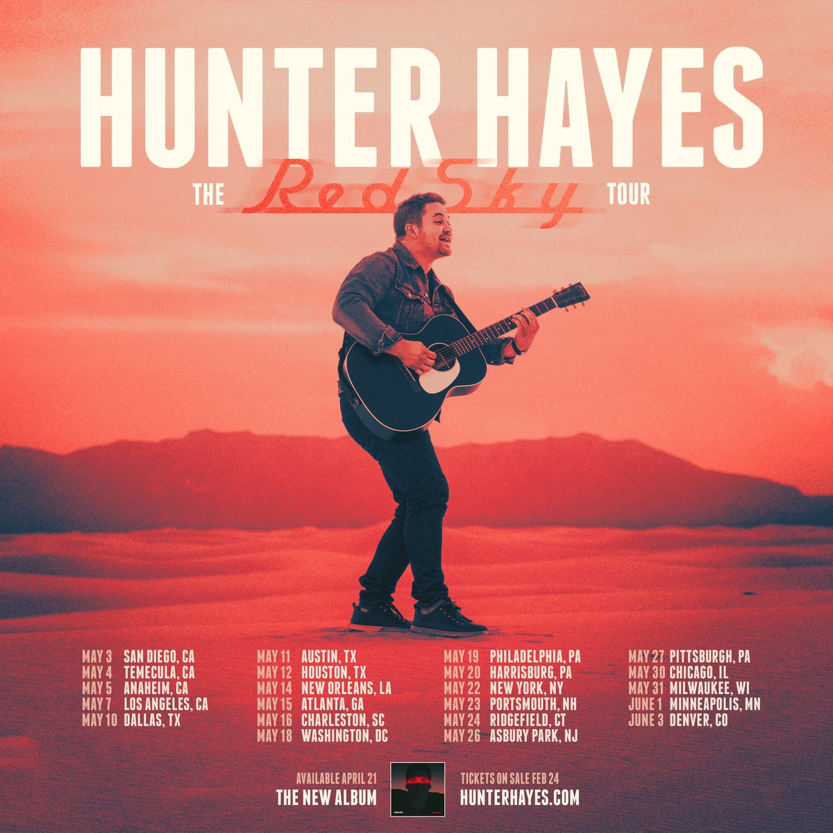 It’s finally happening friends… introducing THE RED SKY TOUR! Coming to a city near you! On sale this Friday, pre sale begins tomorrow. Sign up for access at hunterhayes.com
