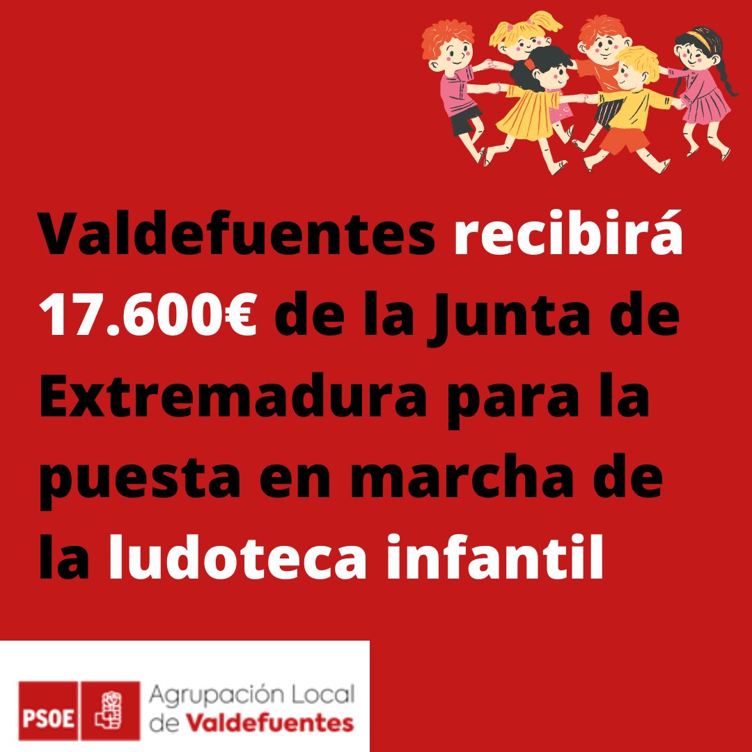 PSOE_VALDE's tweet photo. 👨‍👩‍👧‍👦 Valdefuentes recibirá +17.000€ para poner en marcha otro año más la ludoteca infantil y facilitar la conciliación familiar y fomentar el empleo. 
☑️ A esta ayuda se une la reciente publicación en el DOE de casi 15.000€ para el funcionamiento de la Guardería Infantil. https://t.co/64pfNv8DP5