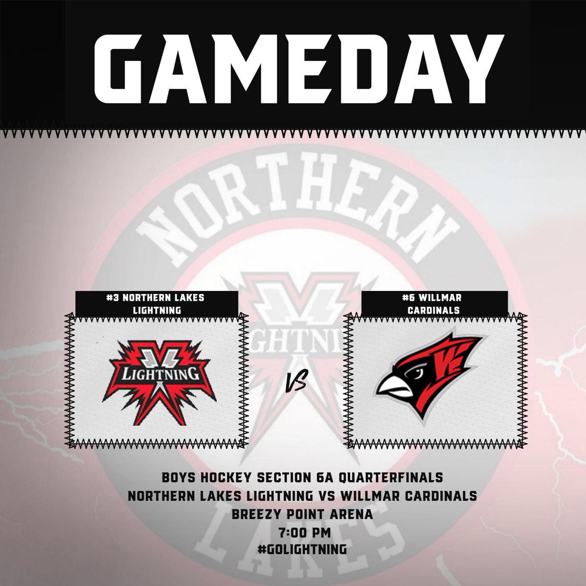 AdPrb's tweet photo. Good luck to the Northern Lakes Lightning Boys Hockey team as they open up the Section 6A Playoffs tonight against the Willmar Cardinals at 7:00 PM. #GoLighting @PEJ_Dan @JeremyMillsop @kkinwwwikfgiklk @Lightning_Puck @ErikVetsch https://t.co/tEIJ6ONZ9b