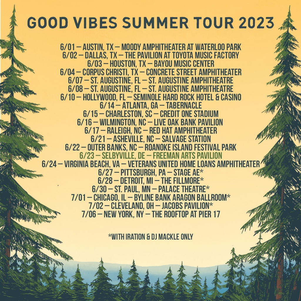 Iration's tweet photo. EVEN MORE GOOD VIBES ADDED 🌲 Tickets for DE*, CA and CO shows go on sale tomorrow, 2/22 at 1pm ET! Visit https://t.co/LWqPuyYjpJ for more details #GVST ⁠
⁠
*Tickets for Selbyville, DE will go on sale Thursday, February 23 at 9am ET https://t.co/2k3wGeqG0H