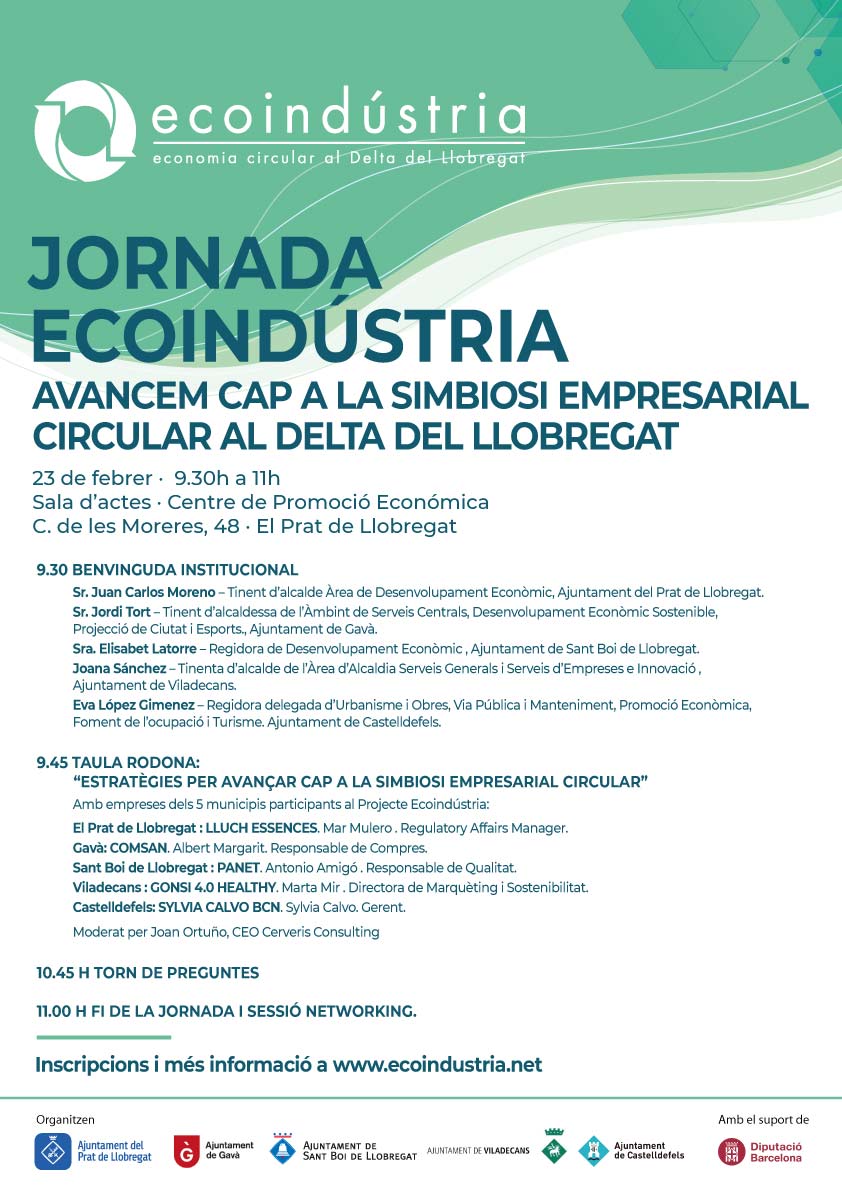 La_Guaita_'s tweet photo. ♻️ Nueva jornada del proyecto Ecoindústria sobre economía circular y simbiosis industrial en el Delta del Llobregat.

📅 23 de febrero
🕕 9.30 horas
📍 Centro de Promoción Económica - El Prat de Llobregat

Inscripción previa en este enlace ⤵️
https://t.co/UBey0ovBiz https://t.co/49plqJWVDo