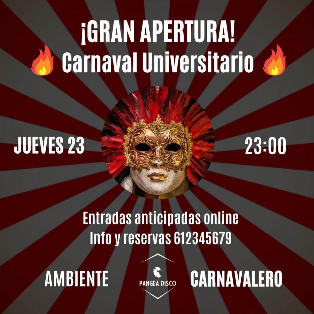 pangea_disco's tweet photo. 🎭CARNAVAL UNIVERSITARIO🎓

‼️Nuestra primera fiesta juntos ya está aquí, con un ambiente CARNAVALERO‼️

#pangeadisco #murcia #Carnaval #fiestasuprema #ZigZag https://t.co/X0advF21O3