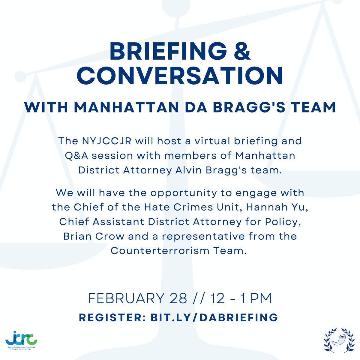 Please join us one week from today for an important conversation with staff from the office of @ManhattanDA , Alvin Bragg. @JCRCNY