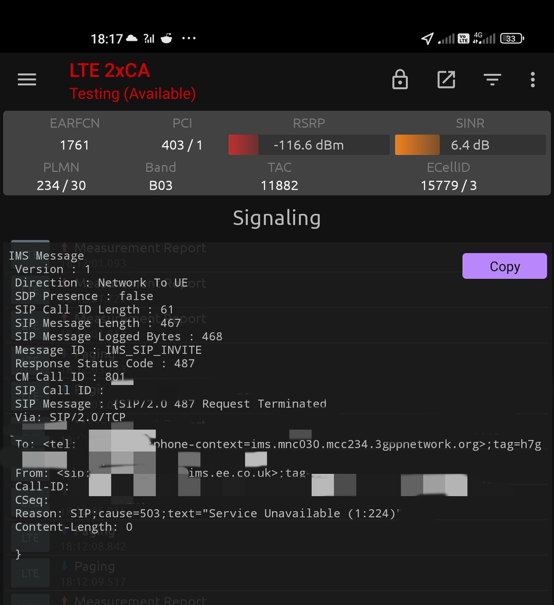 PedroClarke1's tweet photo. EE Voice Call Outage: IMS service which underpins 4G (VoLTE) and WiFi calling reporting "Service Unavailable".

Calling over 2G and 3G works while turning airplane mode on then off or otherwise detaching and reattaching from 4G/WiFi calling appears to bring back normal service. https://t.co/w8mIr6rqlR