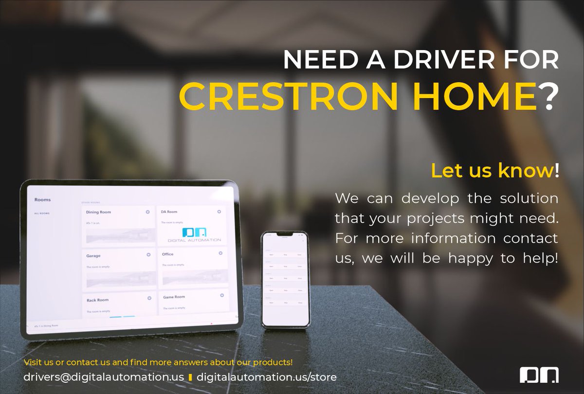 DAutomation's tweet image. Need a driver for Crestron Home? 
Let us know! We can develop the solution that your projects might need. For more information contact us, we will be happy to help!
digitalautomation.us/product-catego…
#crestron #crestronhome #crestroncontrol #smarthome #homeautomation #CrestronProgramming