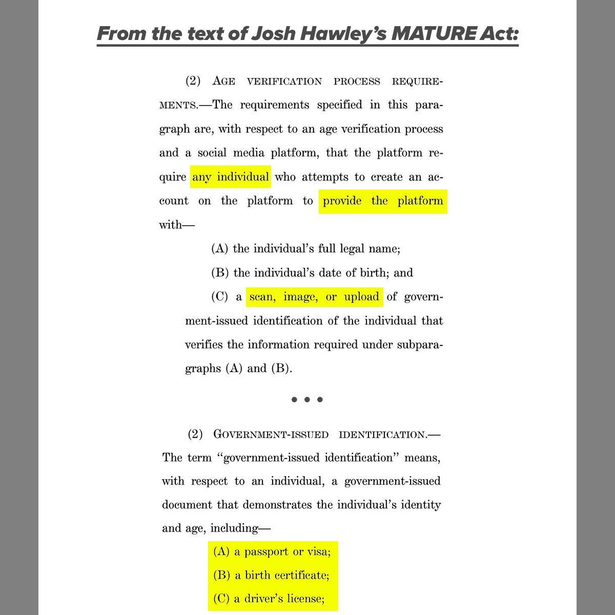 LucasKunceMO's tweet photo. Would you trust Elon Musk and Mark Zuckerberg with documents like your birth certificate, driver's license, or passport just for having made Facebook or Twitter accounts? And what about your kids?
Josh Hawley's new bill would require you to: https://t.co/nj7tMM3ZNV