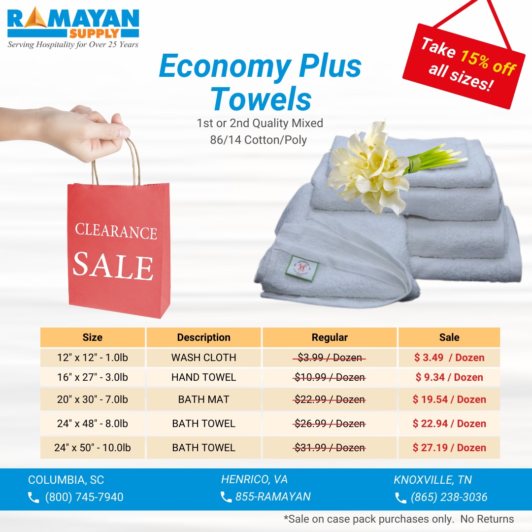 Economy Plus Towels online - 15 % off All sizes
SKU1 TW.BT.2450.GMA
86/14 Poly Cotton Blend
24" x 50" - 10.0lb
5dz/case
Shop Now: ramayansupply.com/bath/economy-p…
#premiumbathtowel #premiumtowel #bathtowel #hotelbathtowel #hotelmotelsupply #hotelsupplystore