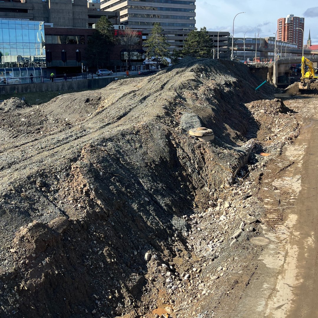 hfxgov's tweet photo. Another milestone ✅ in the #CogswellDistrict.

Crews have removed the ramp and retaining wall which connected Barrington St. to Hollis St. 

The soil from this area will be used to build up the future roundabout. For more: https://t.co/t7y7eW27r3 https://t.co/NLwmlVrQ45