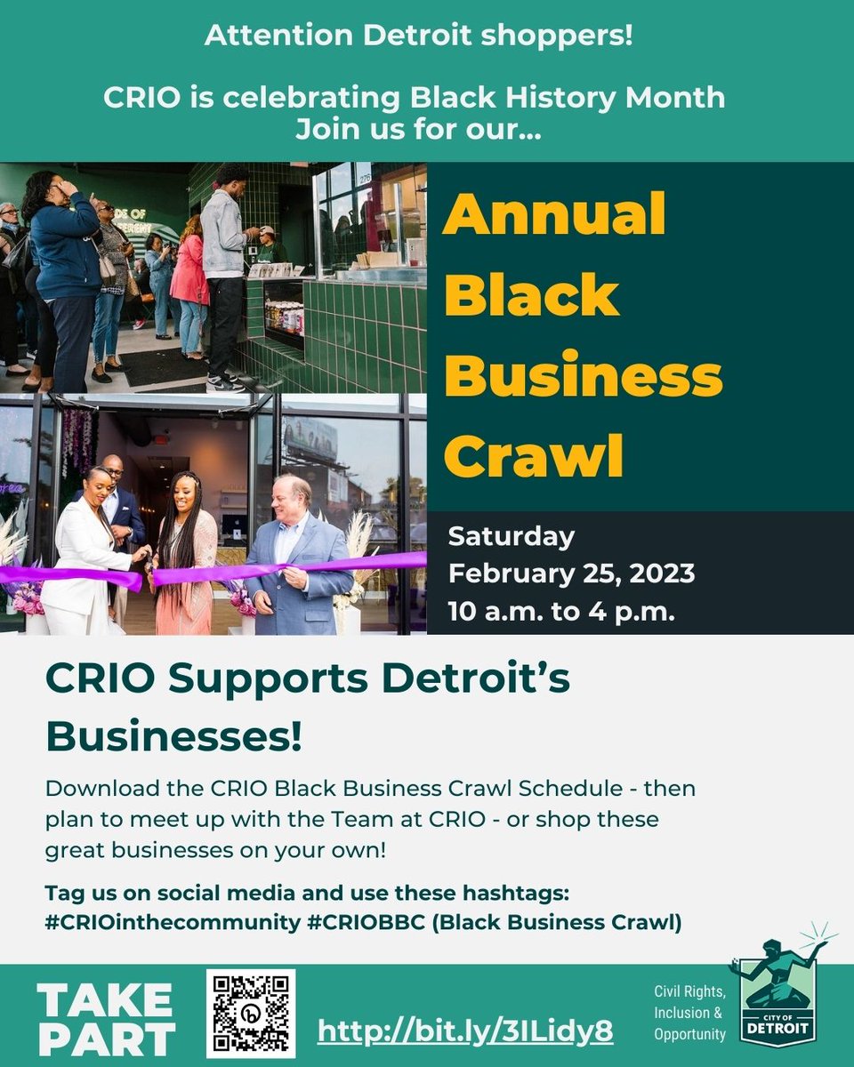 crio_detroit's tweet photo. HEY #DETROIT! #TAKEPART IN CRIO’S BLACK BUSINESS CRAWL SATURDAY 2/25! ALL ARE WELCOME TO CONNECT WITH US AS WE SUPPORT SOME OF DETROIT’S FINEST BLACK-OWNED RETAIL BUSINESSES. SCAN THE QR CODE OR HEAD TO THE LINK IN OUR BIO TO GET OUR SCHEDULED STOPS! SEE YOU THERE! #LETSSHOP #BHM https://t.co/oDyIqUk3cP
