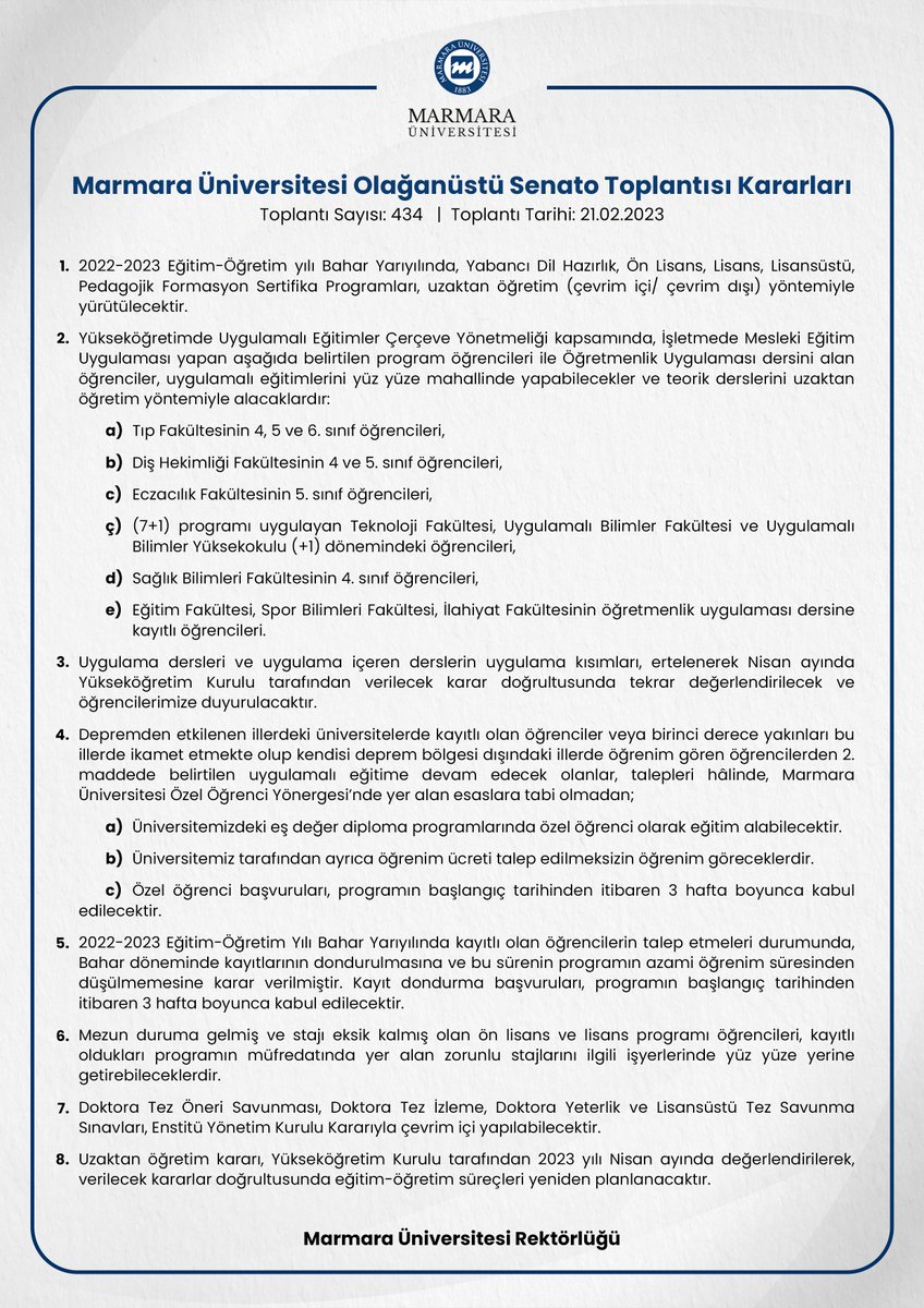 Marmara Üniversitesi Olağanüstü Senato Toplantısı 2022-2023 Bahar Yarıyılı Eğitim-Öğretim Yöntemi Kararları Hakkında Duyuru 📢