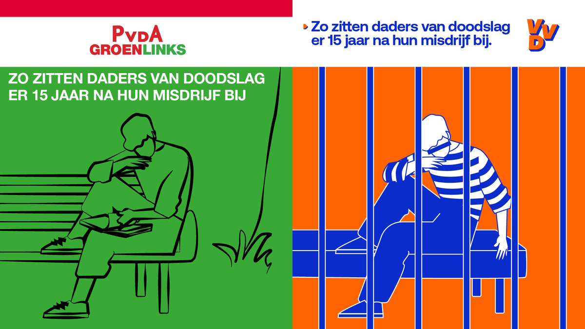 VVD's tweet photo. Zoek de verschillen... Als het aan de @PvdA / @groenlinks ligt, staat een dader na 15 jaar gewoon weer buiten. 

Wij doen wat nodig is. De maximumstraf voor doodslag verhogen we naar 25 jaar. 

Wetsvoorstel aangenomen. Ondanks de tegenstem van de linkse wolk. https://t.co/DDVJNHx3WF