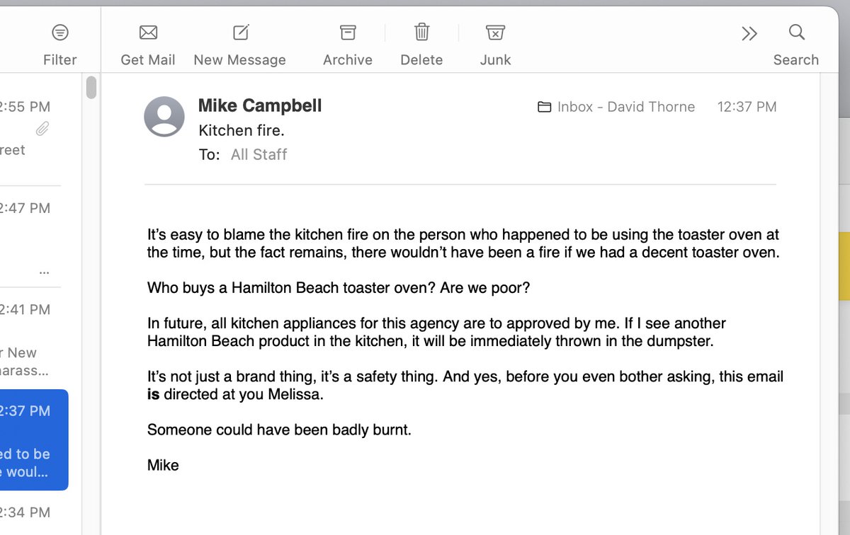 I’m sure Mike won’t mind me posting this screenshot as it displays both an ability to accept responsibility and empathy for others. For background, Mike was distracted by a bird in the courtyard while he was toasting bagels. He made Melissa go out and buy him replacement bagels.