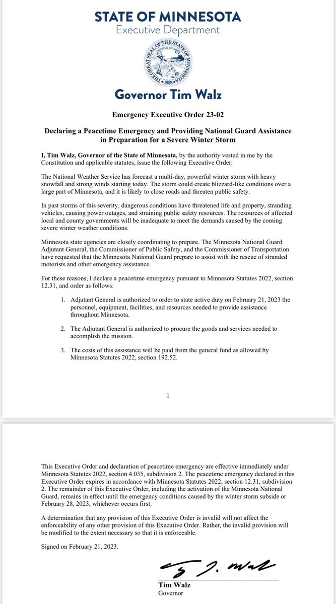 nickstreiff's tweet photo. Governor Walz declares peacetime emergency; authorizes Minnesota National Guard to provide assistance ahead of major winter storm. @WCCO https://t.co/3v1Ewj6wbc