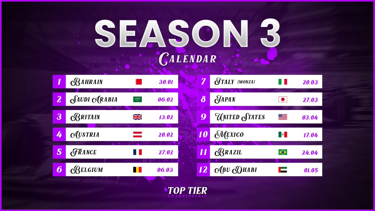 🚨ANNOUNCEMENT

Due to circumstances, we have had to Change the Season 3 Calendar.

The Break Week is moved to the 13th of March, and Round 5 &amp; 6 are pushed forward.

❌Old Schedule: R5 &gt; 6th of March &amp; R6 &gt; 13th of March
✅New Schedule: R5 &gt; 27th of February &amp; R6 &gt; 6th of March