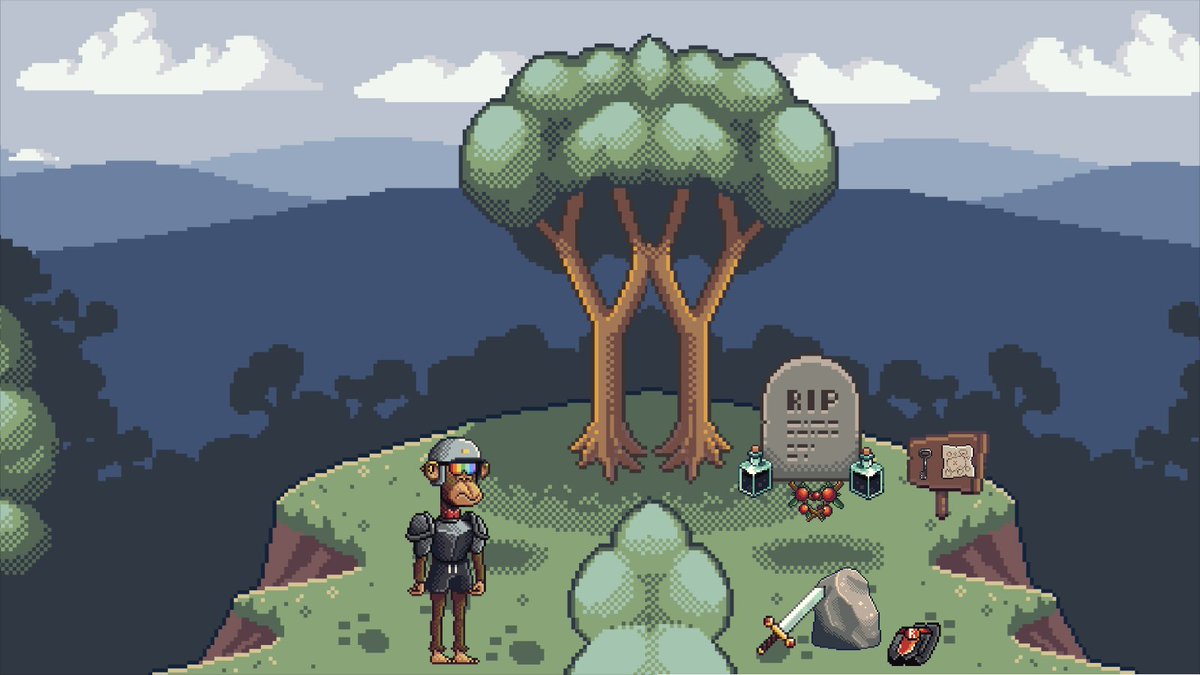 The intrepid <a href="/ApeReunion/">Ape Reunion</a> knight reaches the end of the trail and finds the grave of a fallen hero. The sword and greaves will aid him in the next chapter - where will the map and key take him? Made with #ApeStudio #ApeReunion