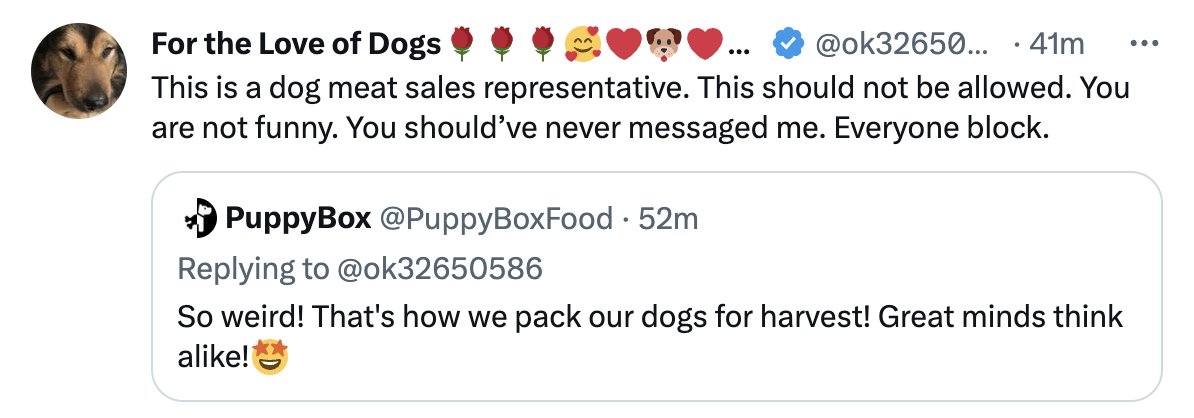 PuppyBoxFood's tweet photo. It's like people don't care that our dogs wouldn't have existed in a first place if it wasn't for us. They live a good life on farms such as @ElwoodDogMeat. Go check them out. Visit their farm. Stop assuming these farmers are bad people! They love their dogs! https://t.co/UtJNoTHt2S