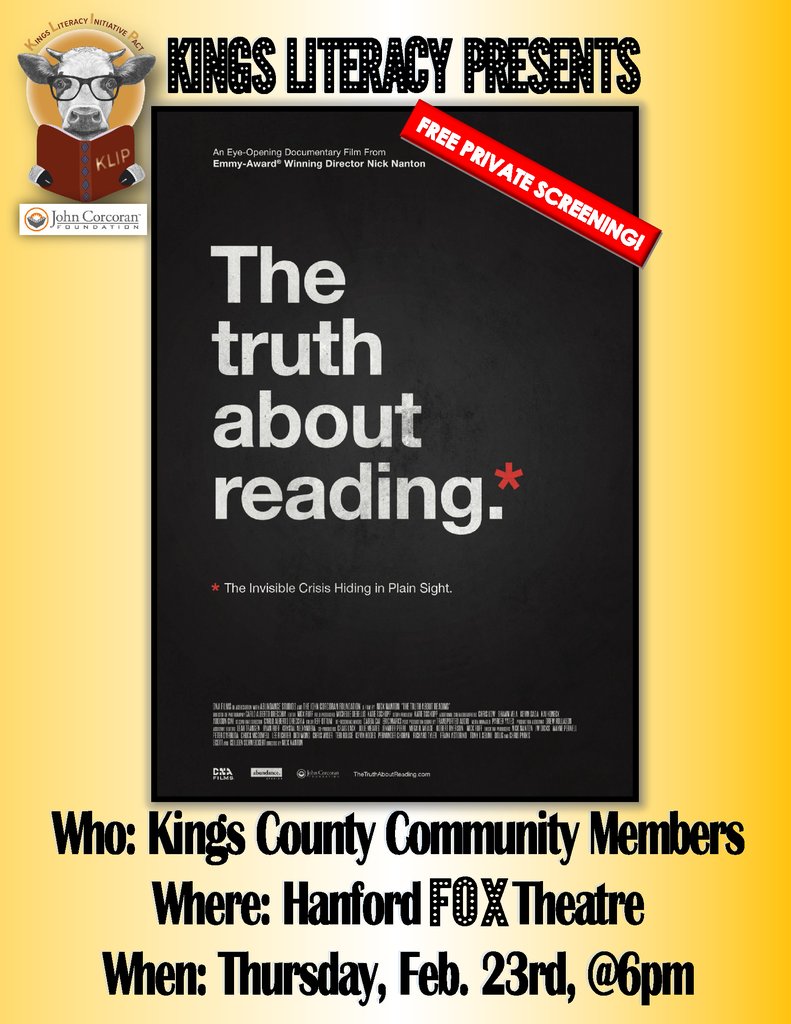 Join K.L.I.P this Thursday, February 23, 2023 for a special screening of 'The Truth About Reading' an eye-opening documentary regarding literacy. The screening will take place 6:00 pm at the Hanford Fox Theater. This is a free event open to the public.