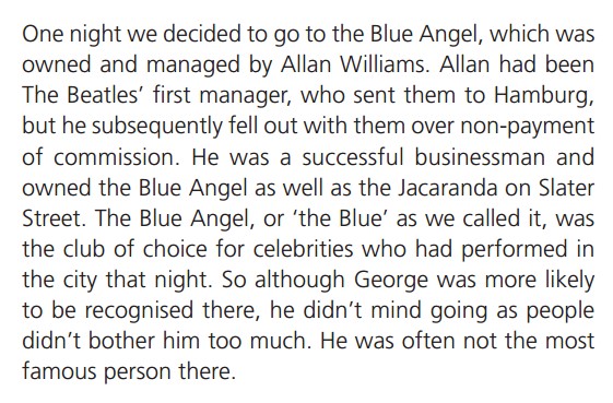 BirthBeatles's tweet photo. "You behave yourself with her...I know her mother!" Sound advice from Allan Williams to a young George Harrison who was on a date with Bernadette Farrell at his club, The Blue Angel, in 1963.  The first Beatles manager would have been 93 today 
#thebirthofthebeatlesstory https://t.co/8JFhSjTyov